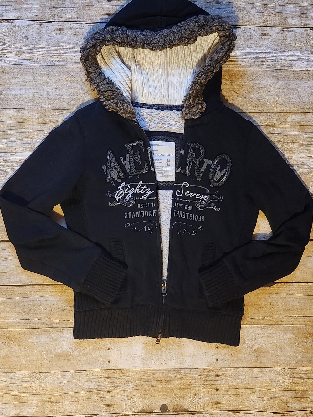Aeropostale Black Hooded Bomber Jacket with Sherpa Trim